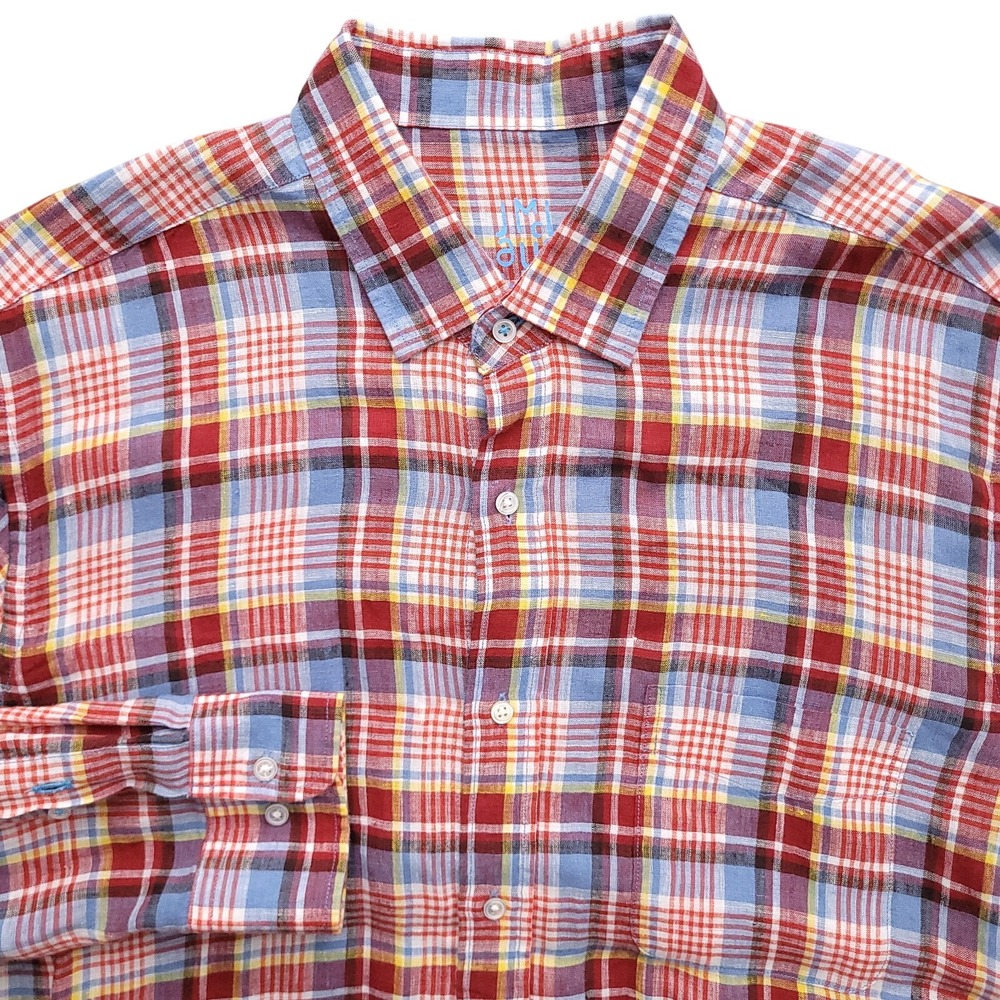 J Mclaughlin Linen Shirt Mens Large Gramercy Madras Plaid Colorful Button Up